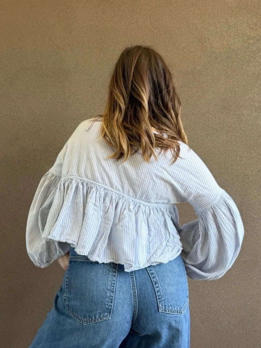 Free People Striped Puff Sleeve Blouse XS
